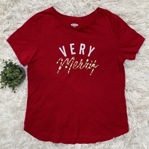 🎉HP🎉 Old Navy Very Merry Graphic Tee 💗 Red White & Gold - Picture 3 of 12